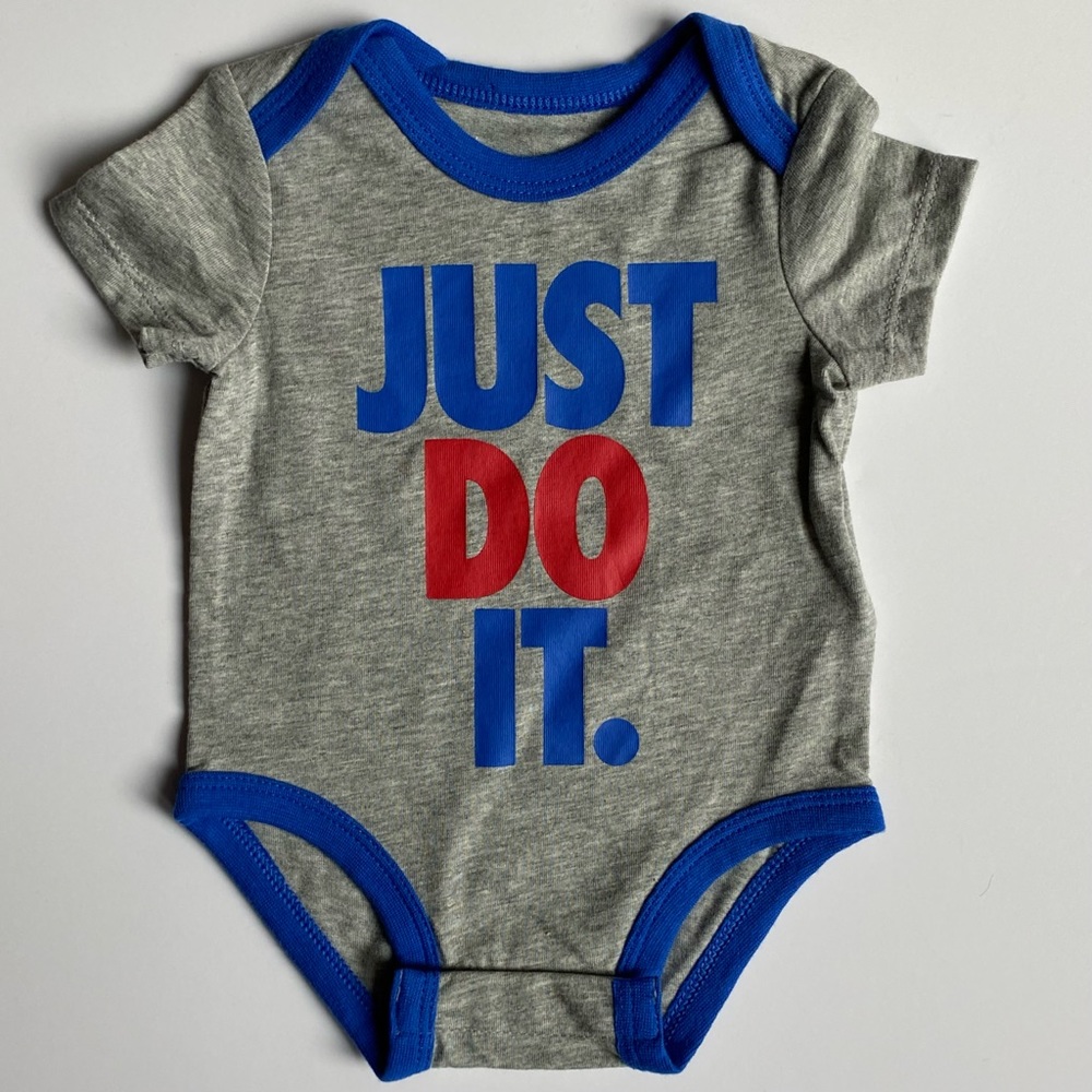 Nike Shirt size 3 Months “Just Do It” New Baby Gray Blue One Piece Short Sleeve
